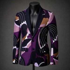 Mr Turk Mens Purple Abstract Art Deco Two-Button Blazer Jacket Size 40